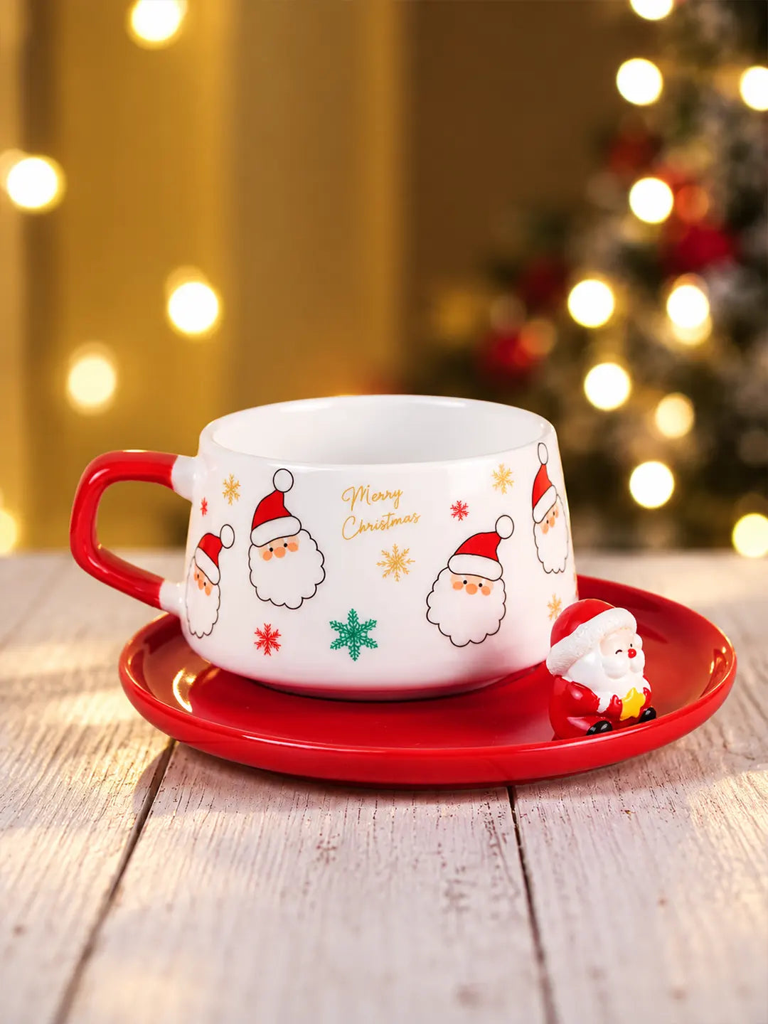 Santa Faces Themed Ceramic Cup with 3D Santa Saucer & Spoon Set