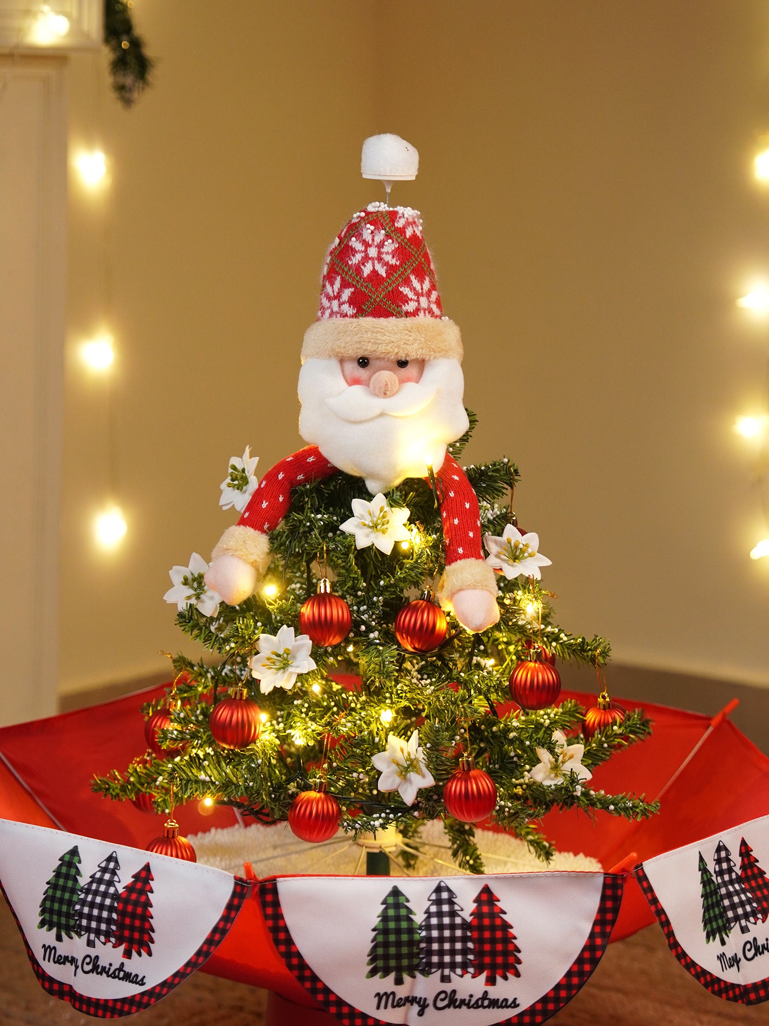2.5feet, Santa Topper Tree  themed Snowfall effect with light & music Umbrella styled Christmas home Décor