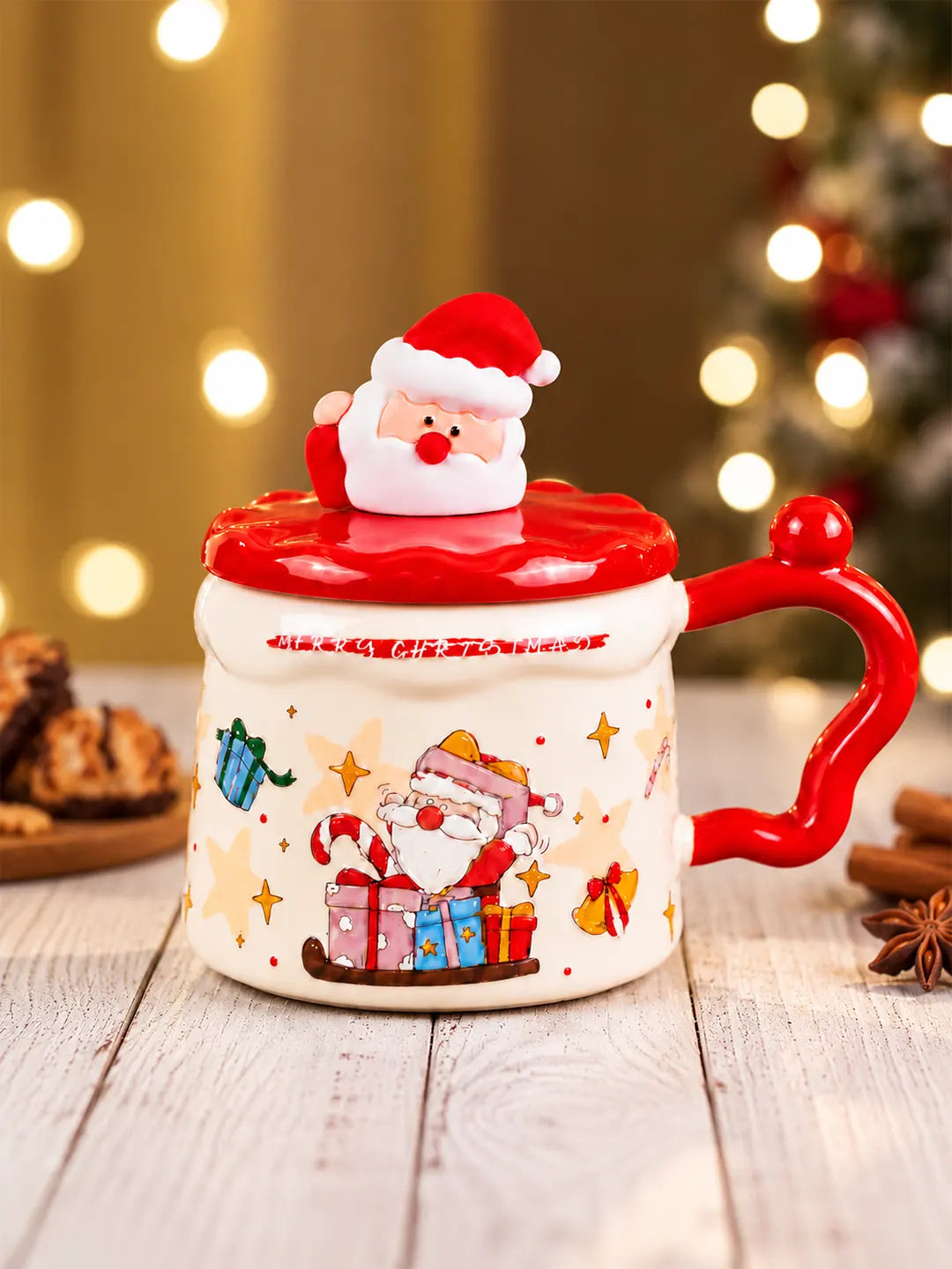 Santa with Gifts Ceramic Hot Chocolate and Coffee Christmas Mug with 3D Spoon