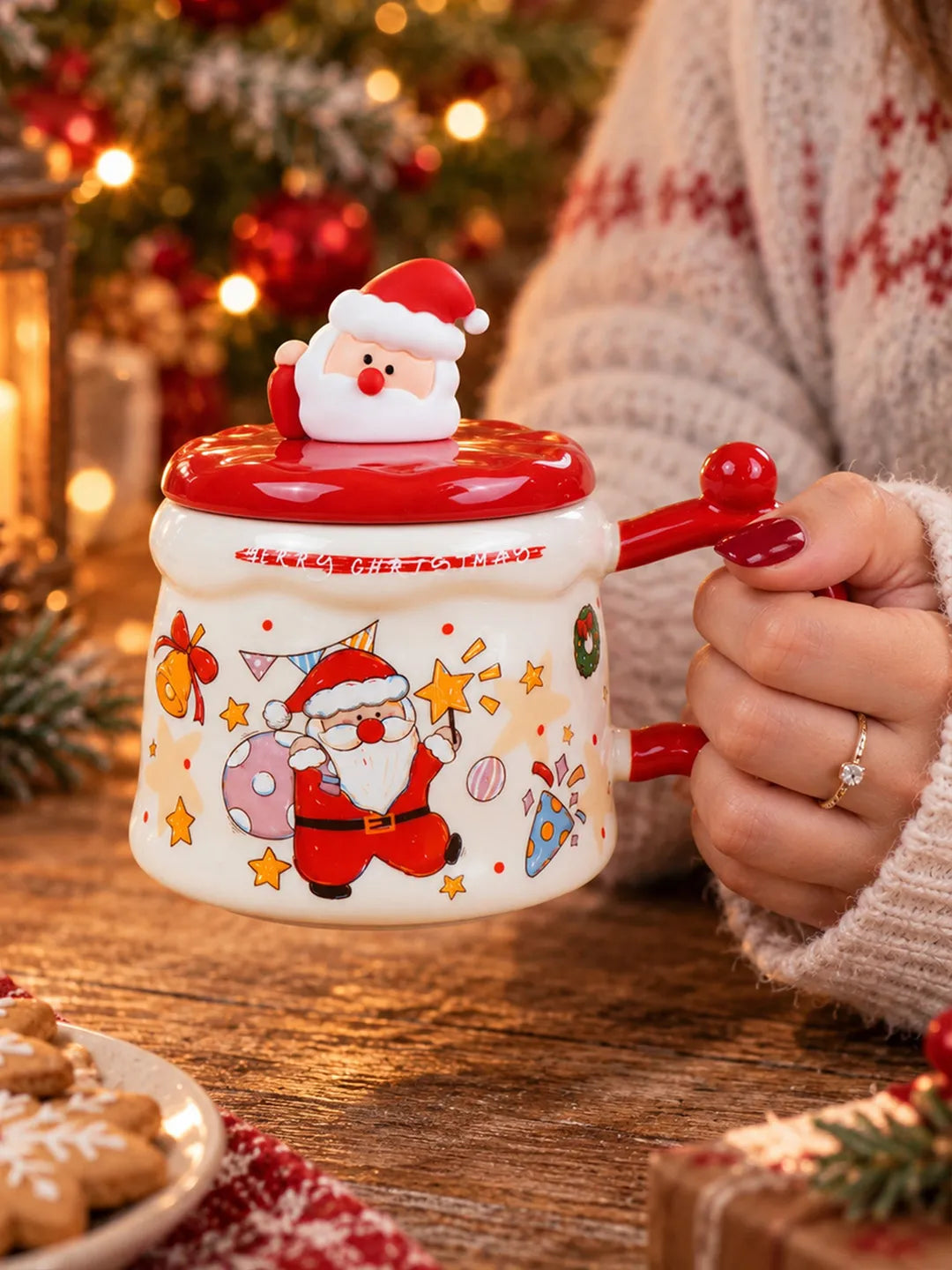 Santa with Sack Ceramic Hot Chocolate and Coffee Christmas Mug with 3D Spoon