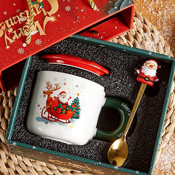 Santa in his Sleigh, Christmas Mug with Lid and 3D Santa Gold Stainless Steel Spoon Gift Box Set