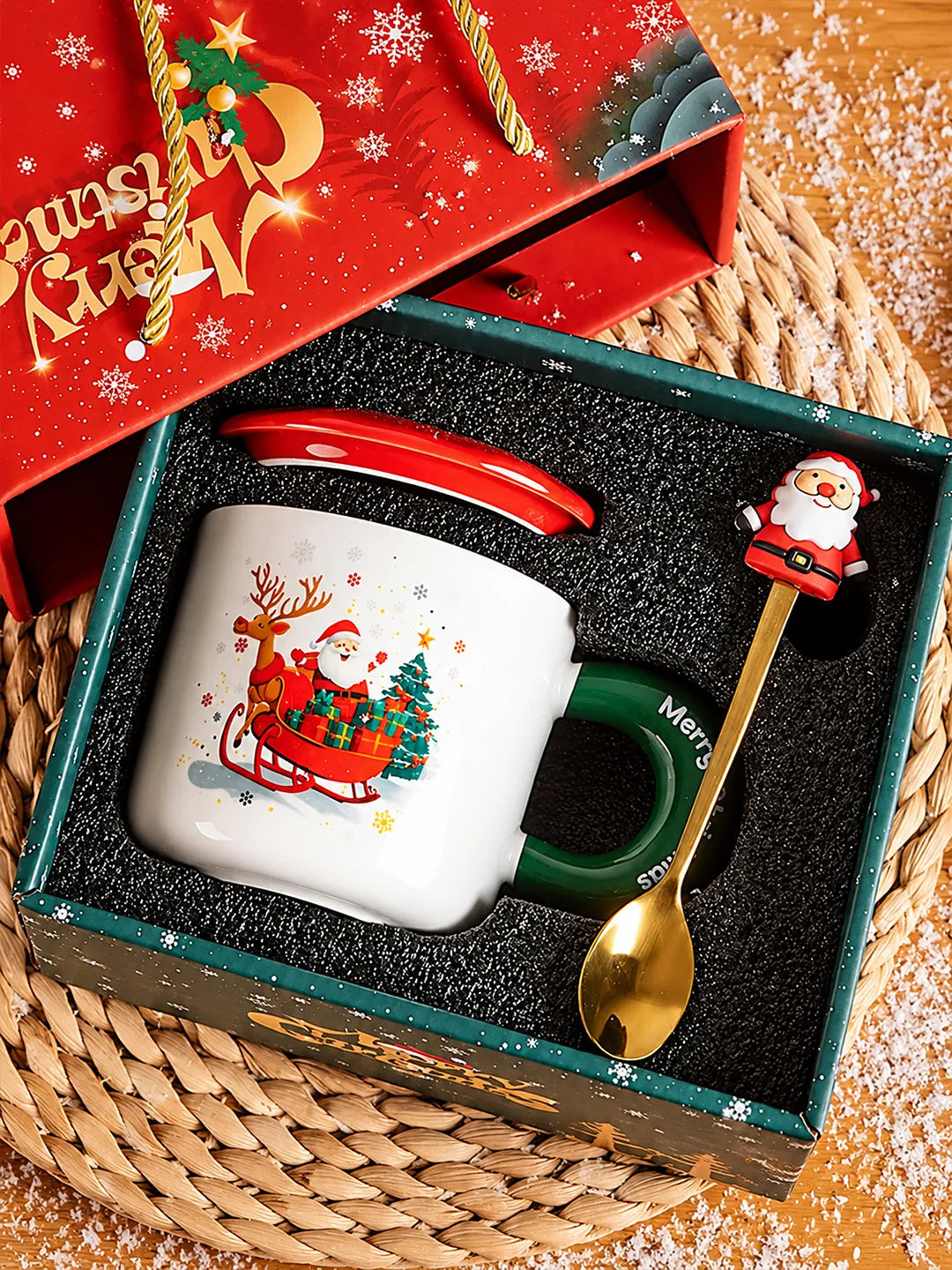 Santa in his Sleigh, Christmas Mug with Lid and 3D Santa Gold Stainless Steel Spoon Gift Box Set