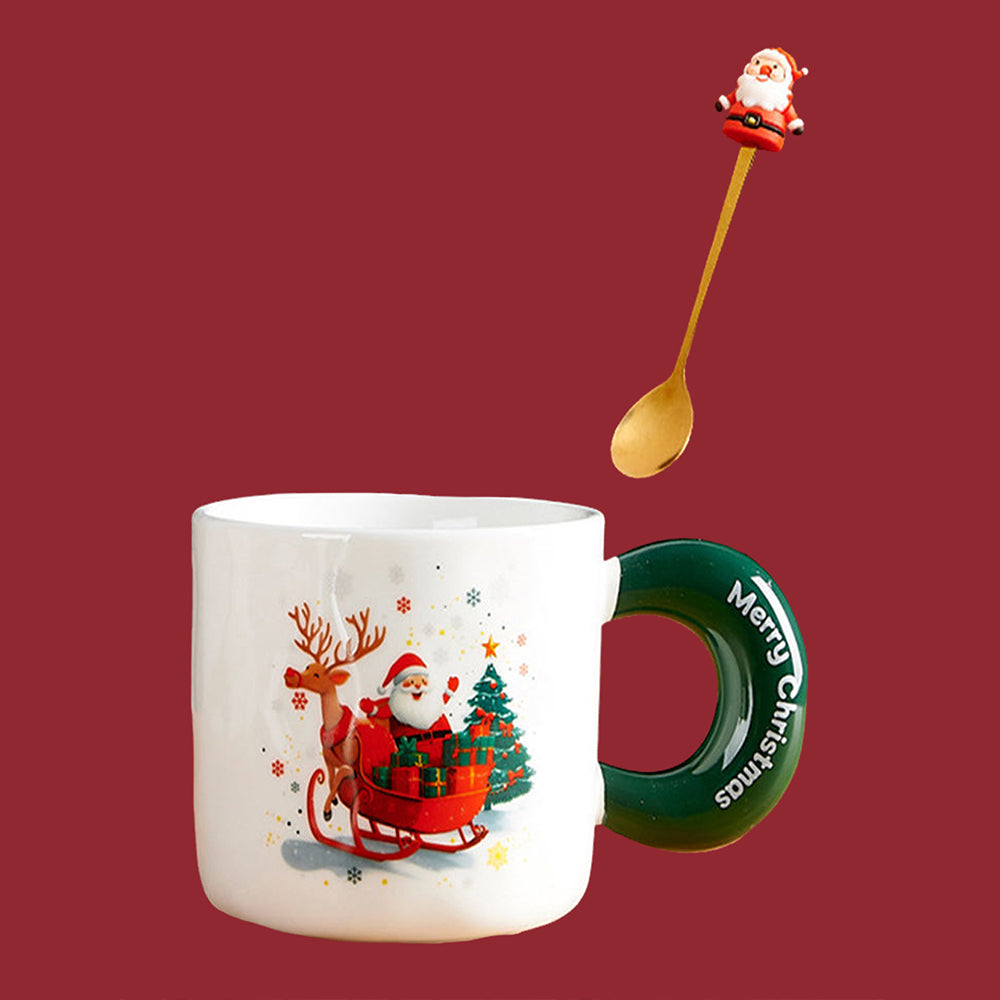 Santa in his Sleigh, Christmas Mug with Lid and 3D Santa Gold Stainless Steel Spoon Gift Box Set