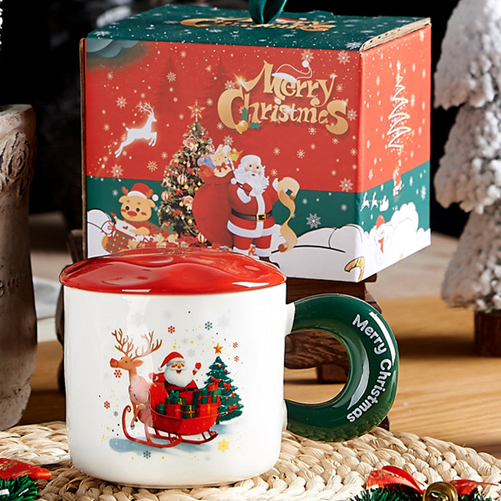 Santa in his Sleigh, Christmas Mug with Lid and 3D Santa Gold Stainless Steel Spoon Gift Box Set