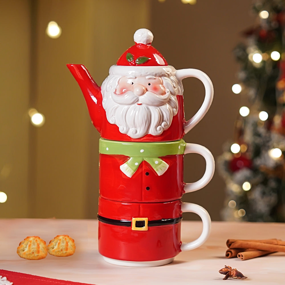 Santa themed 3pcs teapot and Hot chocolate/Coffee Christmas Mugs Set.
