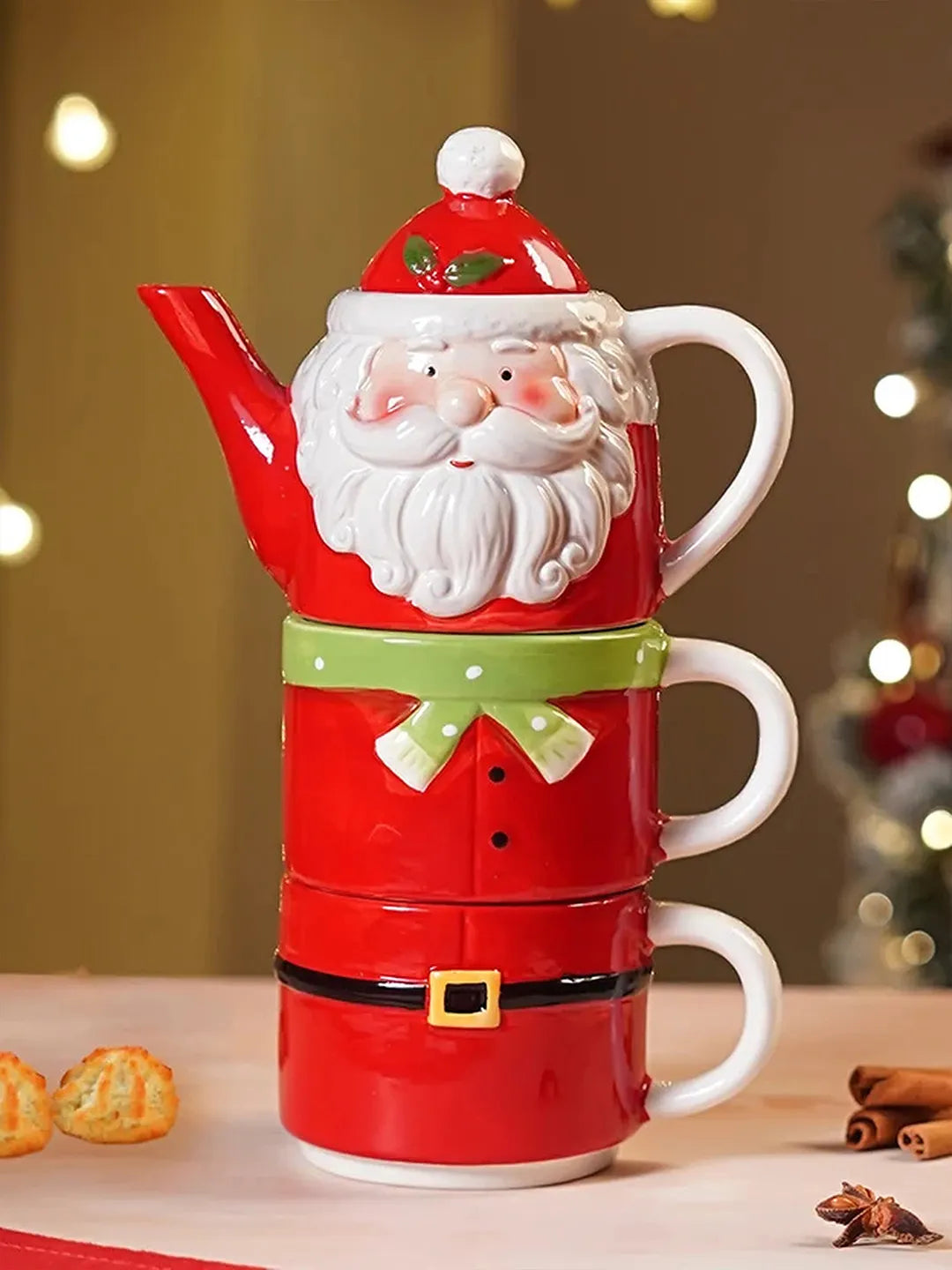 Santa themed 3pcs teapot and Hot chocolate/Coffee Christmas Mugs Set.