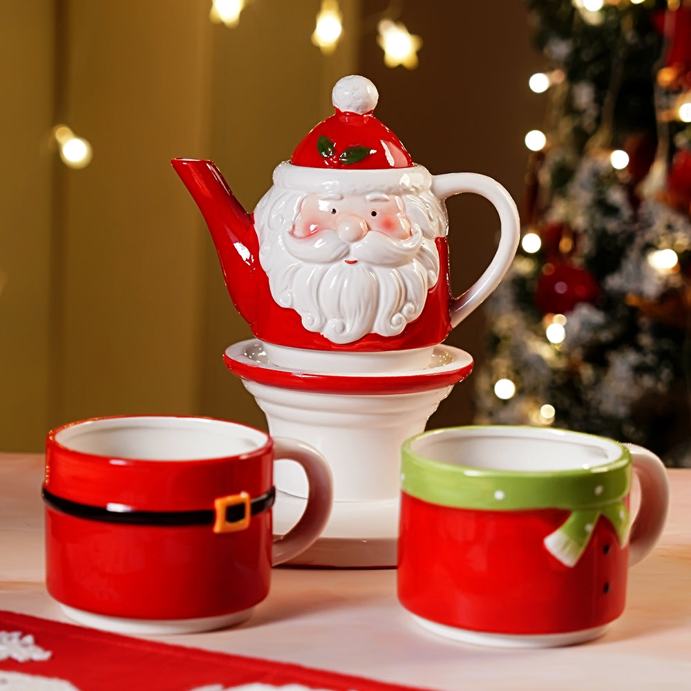 Santa themed 3pcs teapot and Hot chocolate/Coffee Christmas Mugs Set.