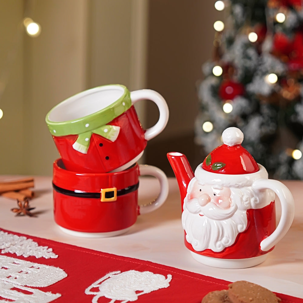 Santa themed 3pcs teapot and Hot chocolate/Coffee Christmas Mugs Set.