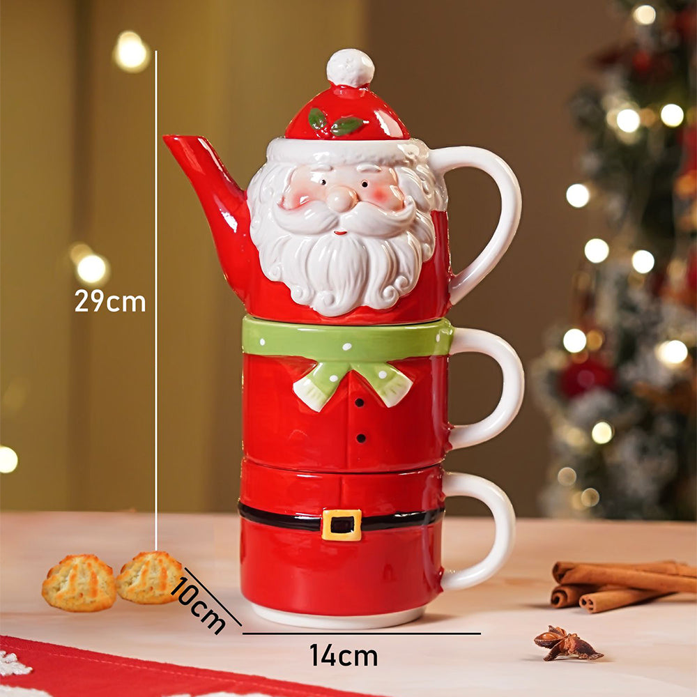 Santa themed 3pcs teapot and Hot chocolate/Coffee Christmas Mugs Set.