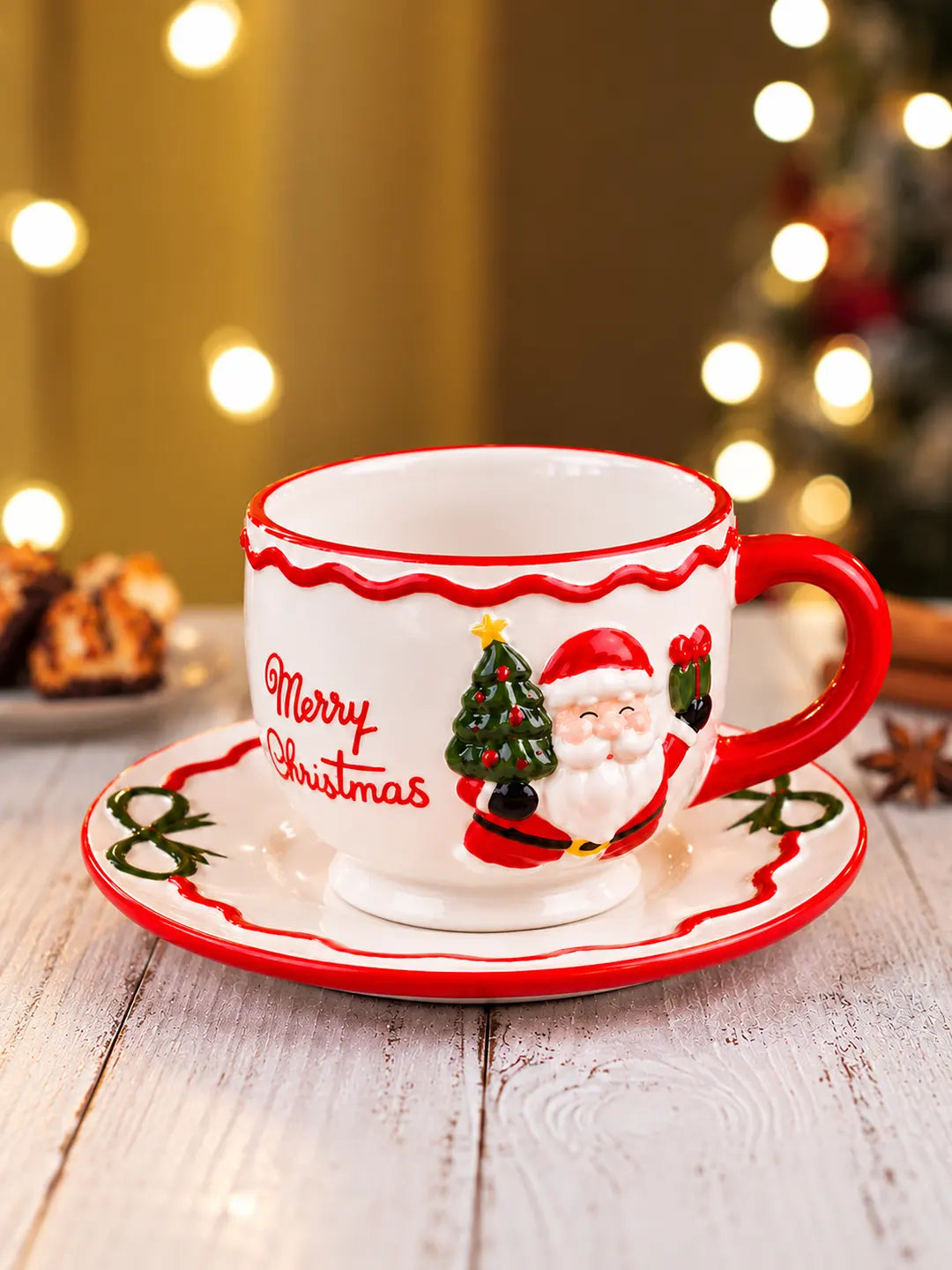3D Santa with Christmas Tree Ceramic Cup & Saucer Set