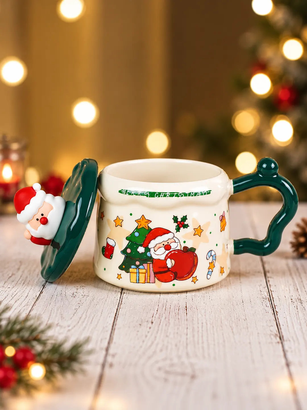 Santa & Christmas Tree Ceramic Hot Chocolate and Coffee Christmas Mug with 3D Spoon