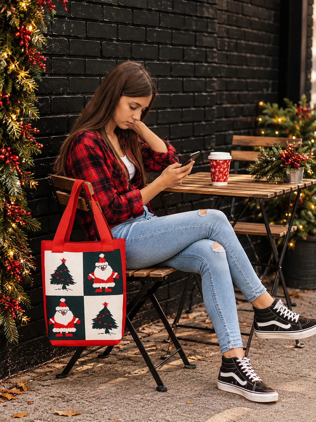 Red Santa & Tree, Woven Christmas Tote Bag
