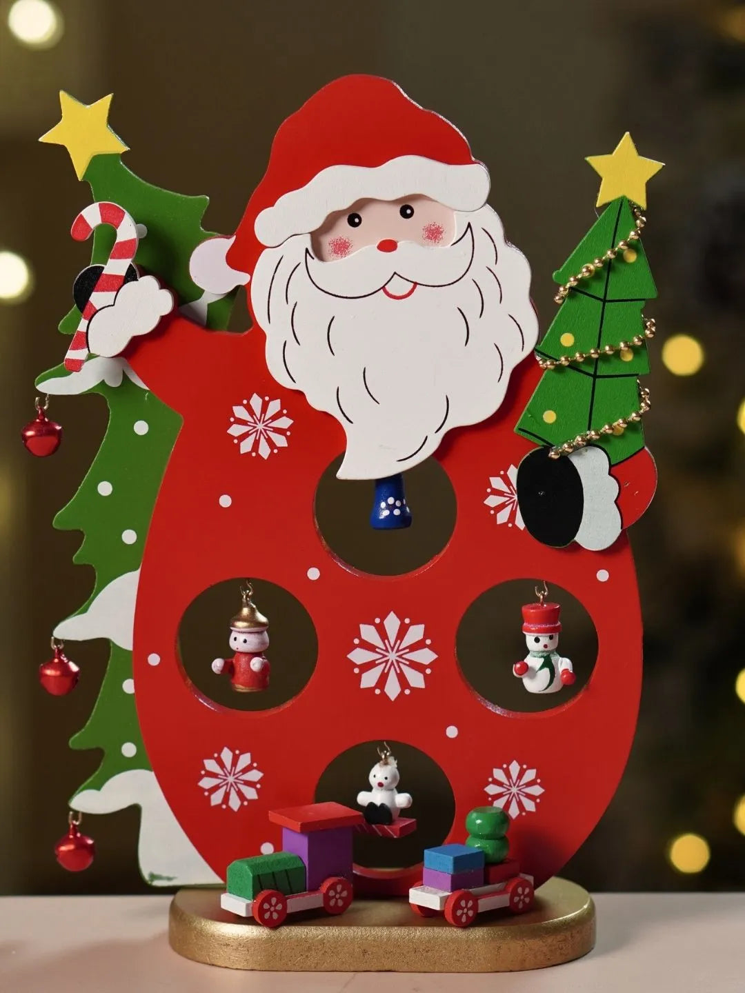 DIY Santa Claus Wooden Christmas figurine Table Décor with Hanging Miniatures & Toy Train, Xmas gift for Kids