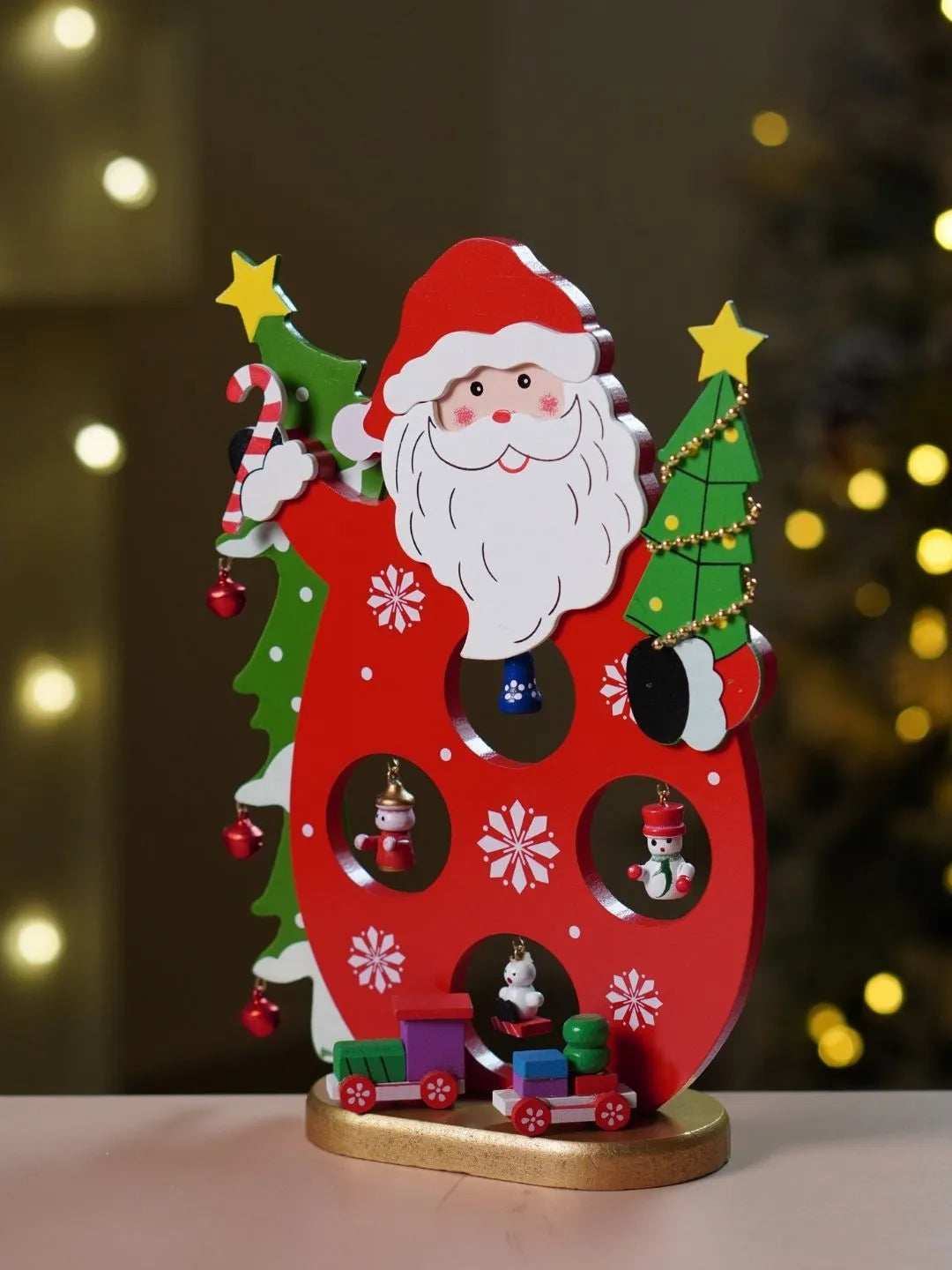 DIY Santa Claus Wooden Christmas figurine Table Décor with Hanging Miniatures & Toy Train, Xmas gift for Kids