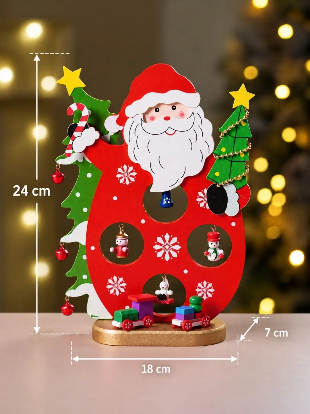 DIY Santa Claus Wooden Christmas figurine Table Décor with Hanging Miniatures & Toy Train, Xmas gift for Kids