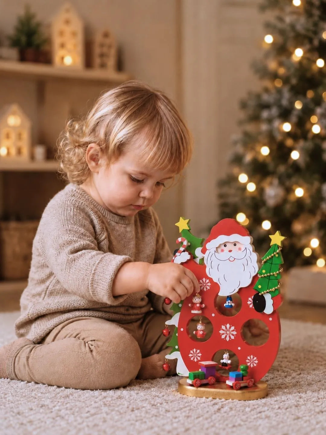 DIY Santa Claus Wooden Christmas figurine Table Décor with Hanging Miniatures & Toy Train, Xmas gift for Kids