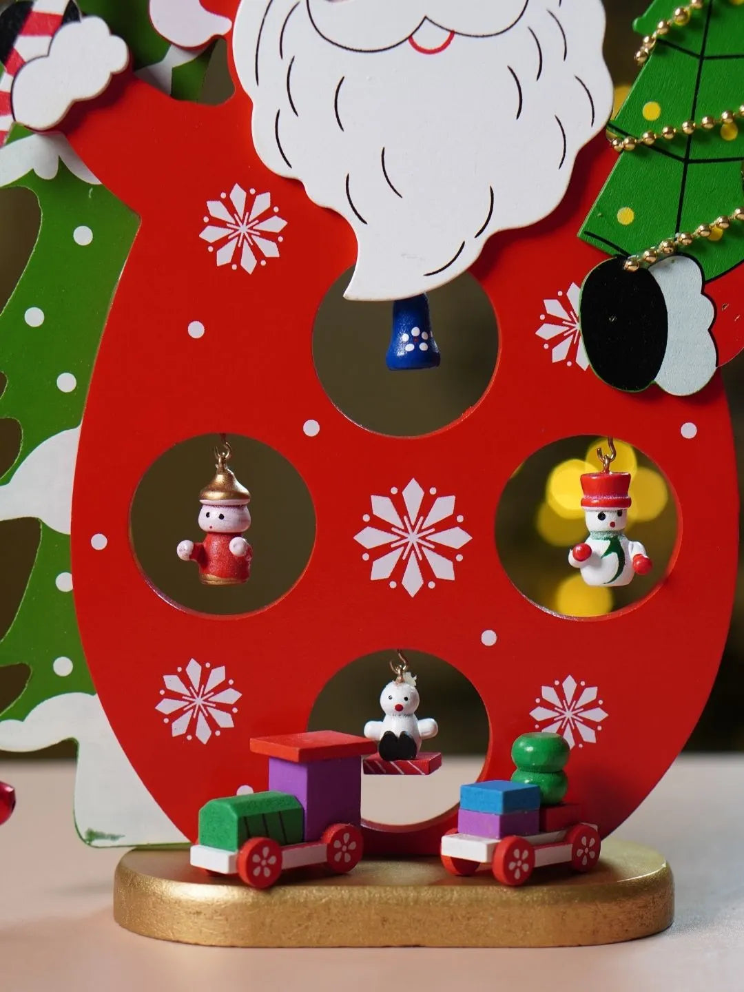 DIY Santa Claus Wooden Christmas figurine Table Décor with Hanging Miniatures & Toy Train, Xmas gift for Kids