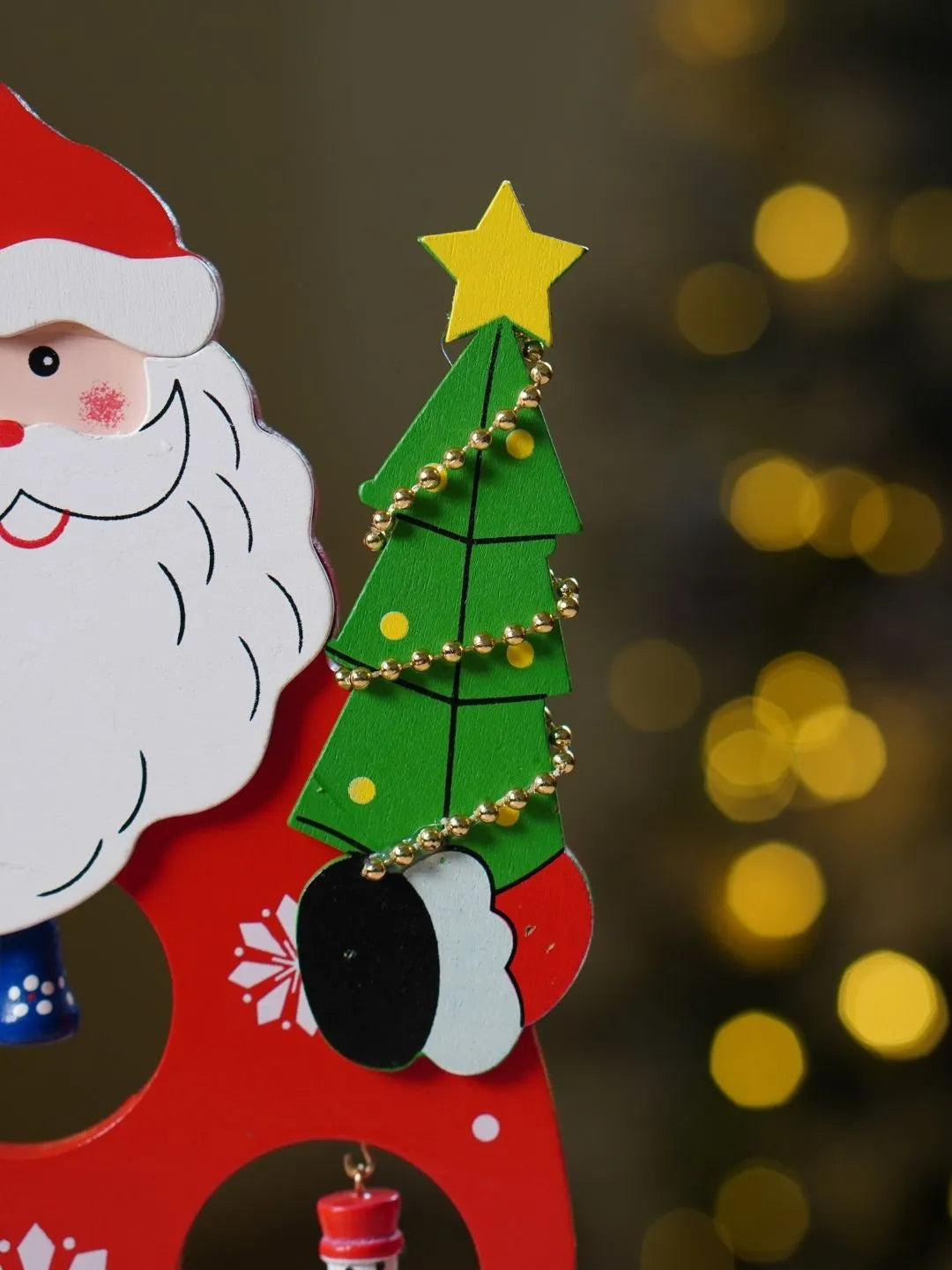 DIY Santa Claus Wooden Christmas figurine Table Décor with Hanging Miniatures & Toy Train, Xmas gift for Kids
