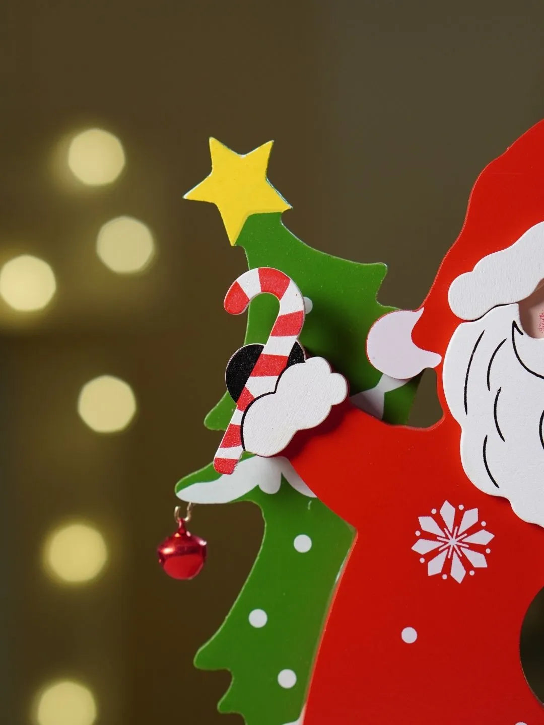 DIY Santa Claus Wooden Christmas figurine Table Décor with Hanging Miniatures & Toy Train, Xmas gift for Kids
