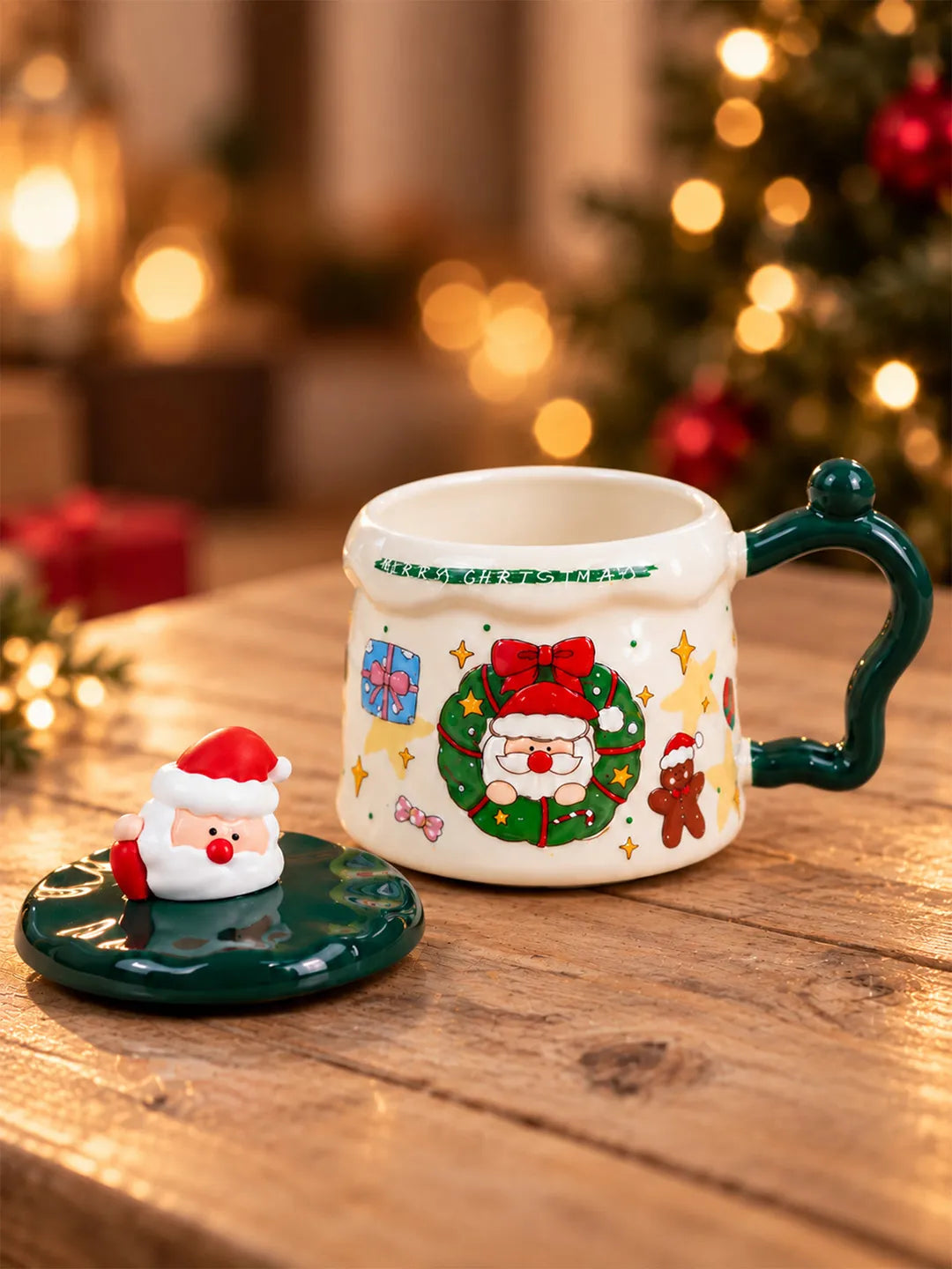 Santa & Wreath Ceramic Hot Chocolate and Coffee Christmas Mug with 3D Spoon