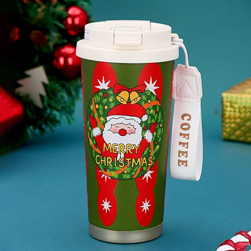 Santa Wreath, Christmas themed, Xmas stainless steel Coffee/Water Tumbler Bottle, 500ml with free cleaning brush
