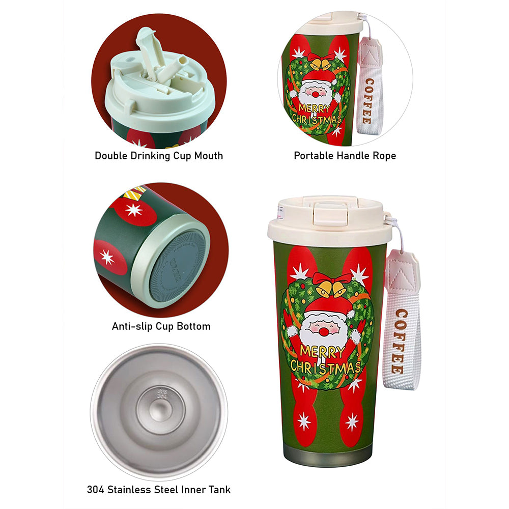 Santa Wreath, Christmas themed, Xmas stainless steel Coffee/Water Tumbler Bottle, 500ml with free cleaning brush