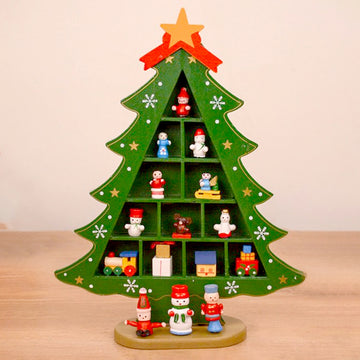 Checkered Shelf Green Wooden Christmas Tree with Mini Figurines