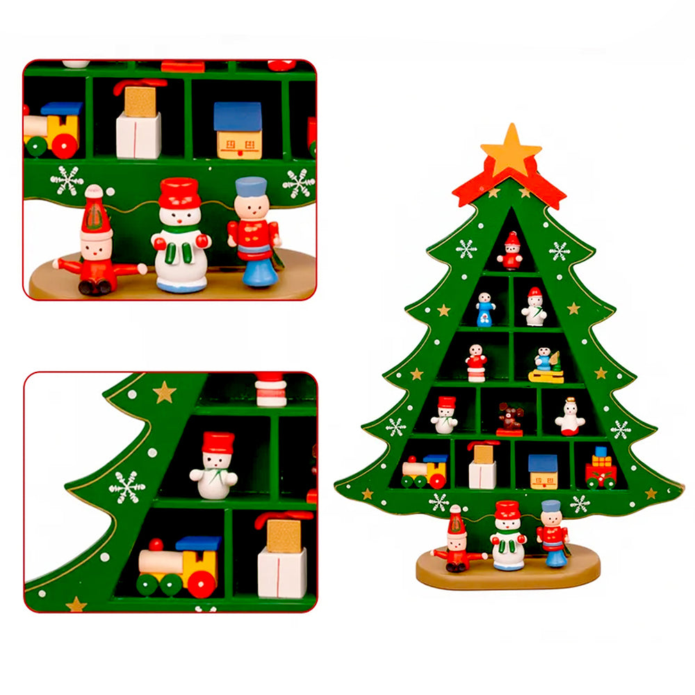 Checkered Shelf Green Wooden Christmas Tree with Mini Figurines