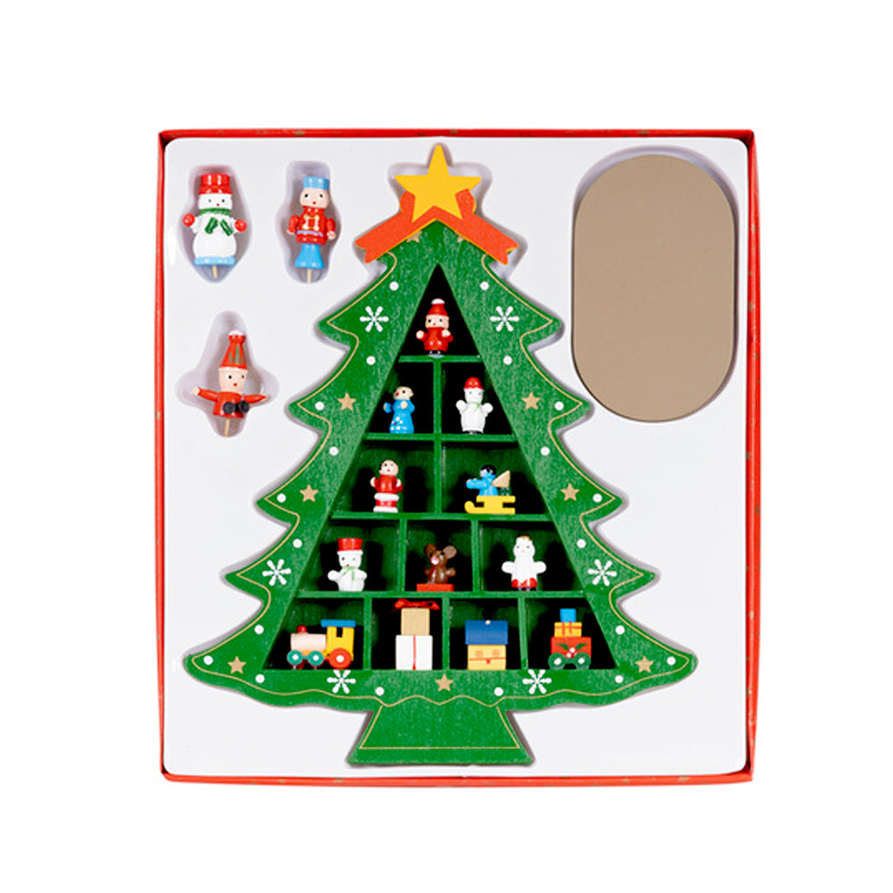 Checkered Shelf Green Wooden Christmas Tree with Mini Figurines