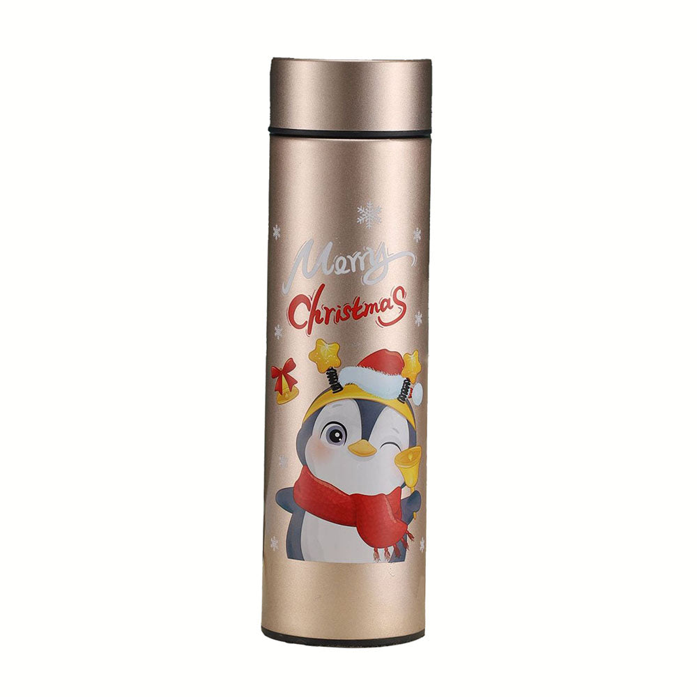 Shimmer Gold Reindeer Penguin LED Temperature display Insulated  Vacuum Flask Kids Stainless Steel Water Bottle, 500ml