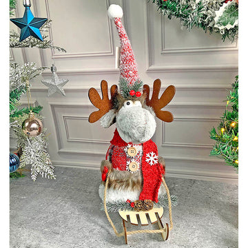 Grey & Red Deer on Snow Sledge christmas Home Décoration