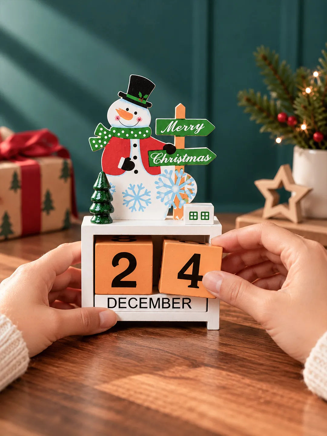Snowman Wooden Block Calendar Christmas Table Décor