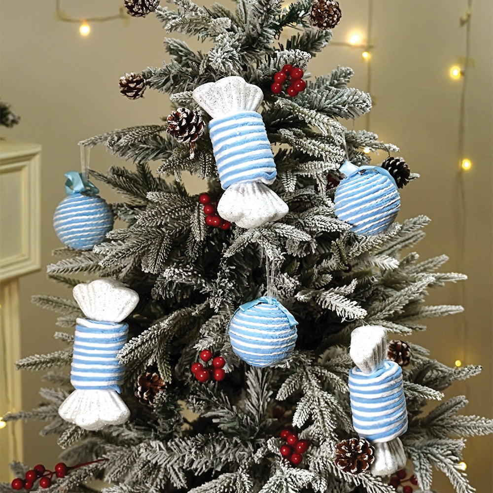 4.9 feet  Snow Cherry Long Flat Leaf, Dense Christmas Tree, with free 4 Big size Blue Pastel Candy themed Ornaments, 150 cm with 400 Branch tips Home & Office Xmas Décor