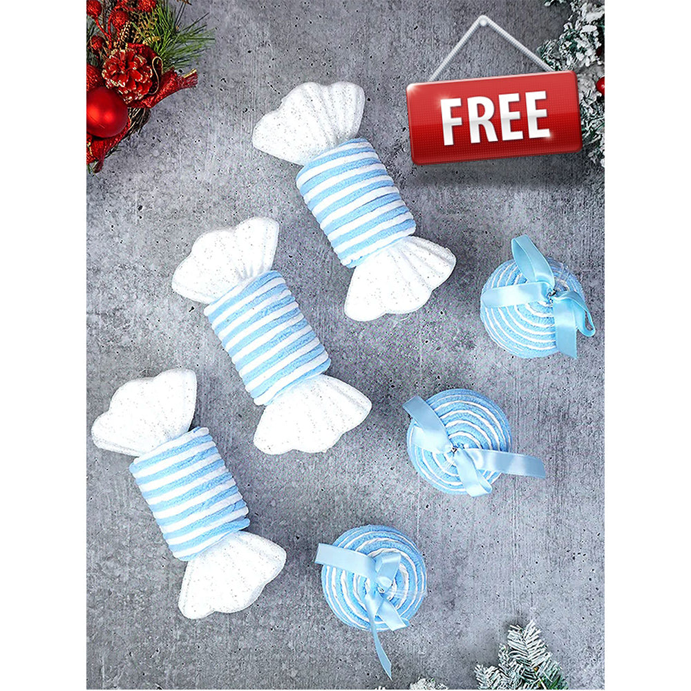 4.9 feet  Snow Cherry Long Flat Leaf, Dense Christmas Tree, with free 4 Big size Blue Pastel Candy themed Ornaments, 150 cm with 400 Branch tips Home & Office Xmas Décor