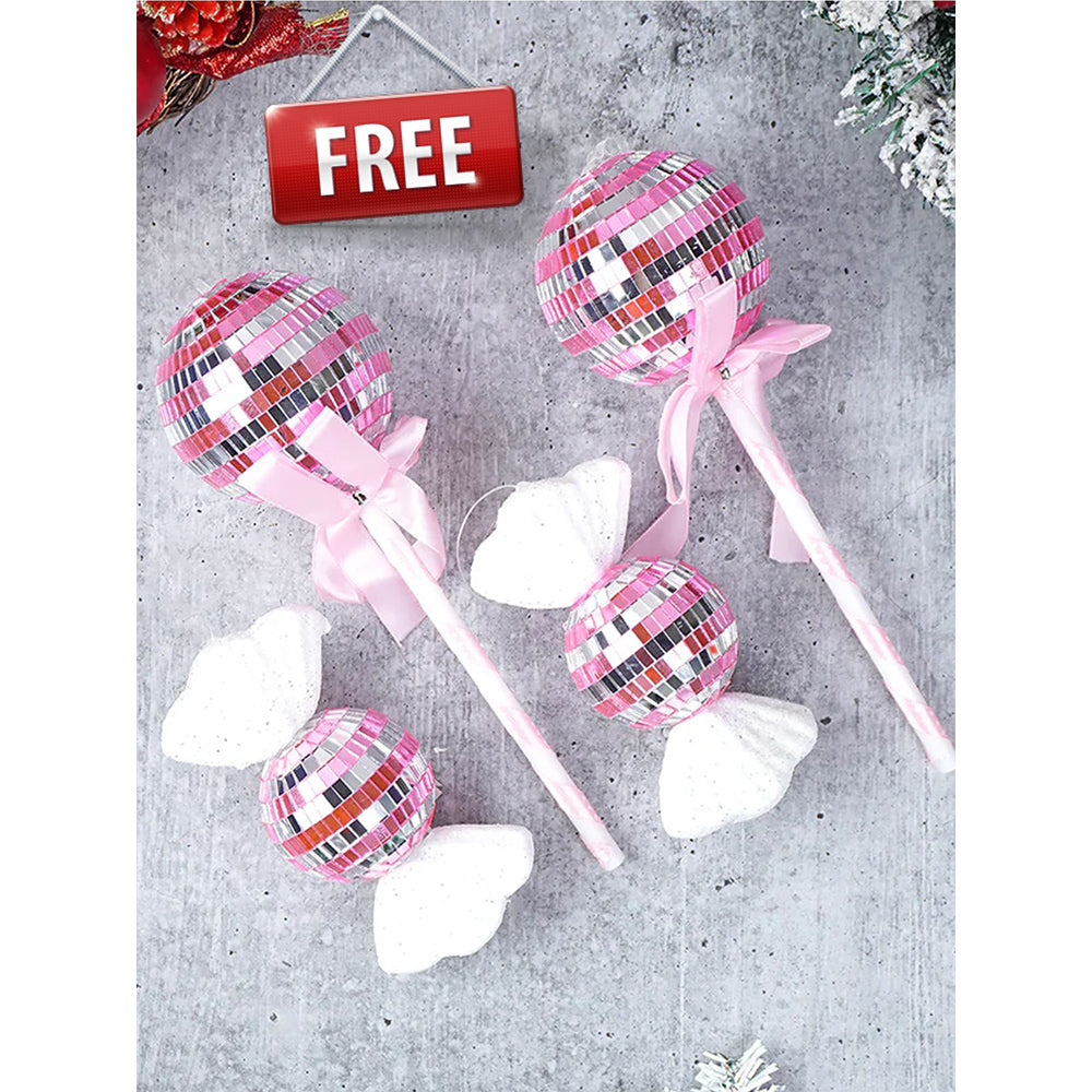 4.9 feet  Snow Cherry thick rounded Leaf, Dense Christmas Tree, with free 4 Big size Pink disco Candy themed Ornaments, 150 cm with 450 Branch tips Xmas Décor