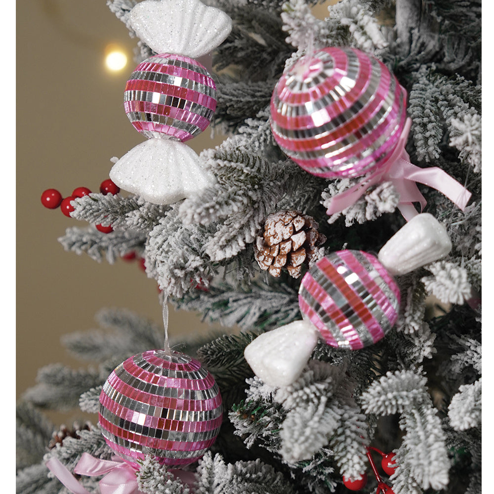 4.9 feet  Snow Cherry thick rounded Leaf, Dense Christmas Tree, with free 4 Big size Pink disco Candy themed Ornaments, 150 cm with 450 Branch tips Xmas Décor