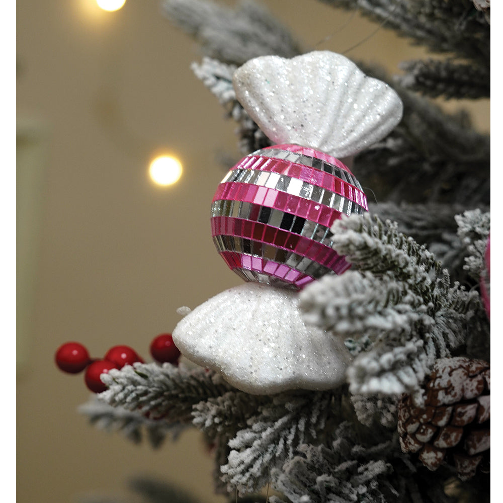 4.9 feet  Snow Cherry thick rounded Leaf, Dense Christmas Tree, with free 4 Big size Pink disco Candy themed Ornaments, 150 cm with 450 Branch tips Xmas Décor