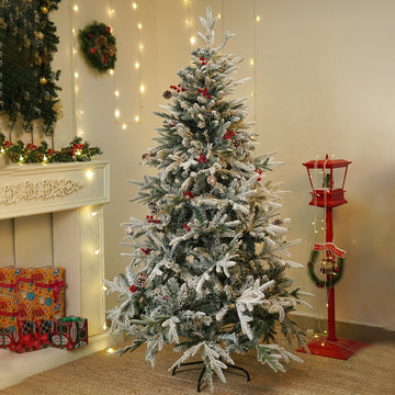 5.9 feet  Snow Cherry thick rounded Leaf, Dense Christmas Tree, with free 6 Big size Tufted Red Candy themed Ornaments, 180 cm with 650 Branch tips Xmas Décor