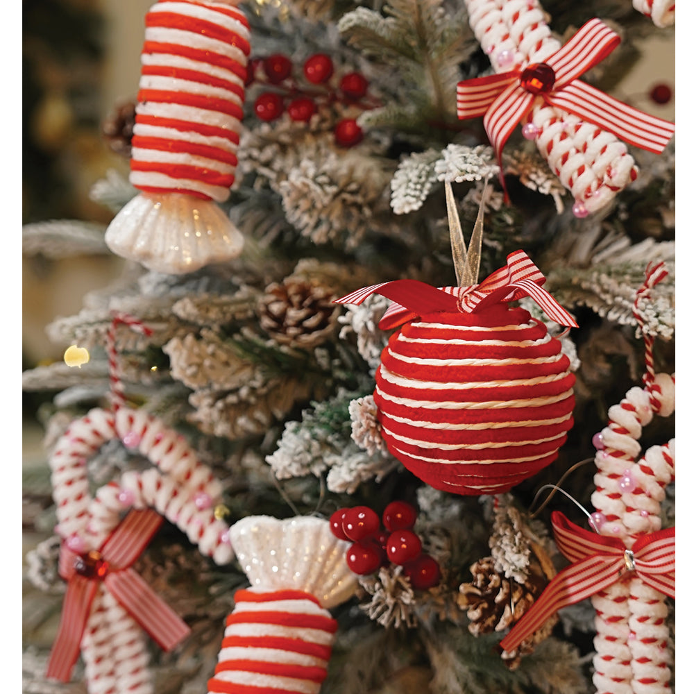 5.9 feet  Snow Cherry thick rounded Leaf, Dense Christmas Tree, with free 6 Big size Tufted Red Candy themed Ornaments, 180 cm with 650 Branch tips Xmas Décor