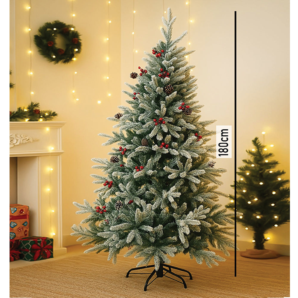 5.9 feet  Snow Cherry thick rounded Leaf, Dense Christmas Tree, with free 6 Big size Tufted Red Candy themed Ornaments, 180 cm with 650 Branch tips Xmas Décor