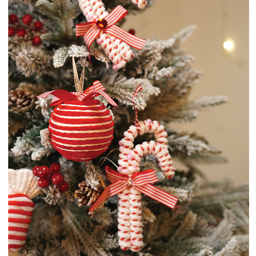 5.9 feet  Snow Cherry thick rounded Leaf, Dense Christmas Tree, with free 6 Big size Tufted Red Candy themed Ornaments, 180 cm with 650 Branch tips Xmas Décor