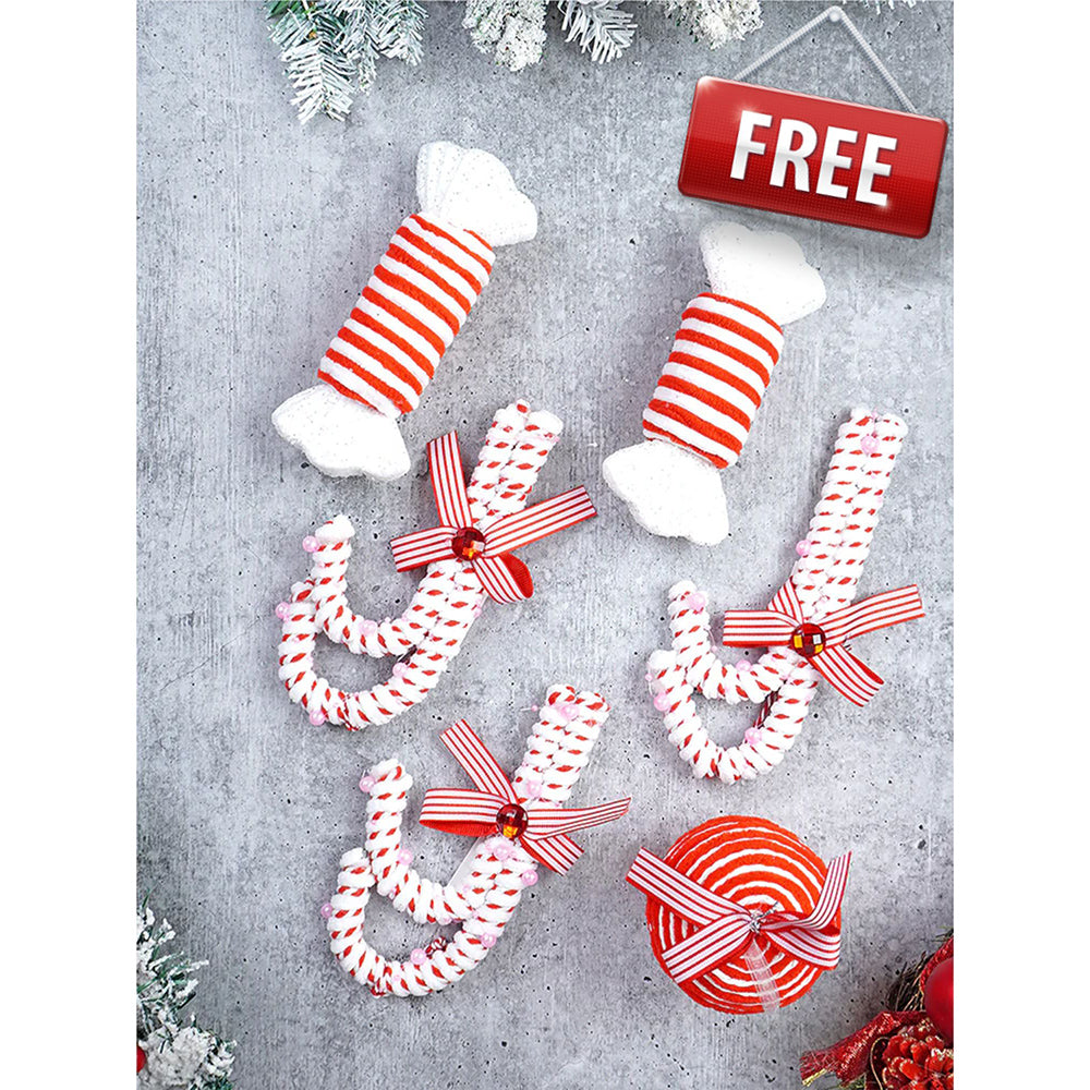 5.9 feet  Snow Cherry thick rounded Leaf, Dense Christmas Tree, with free 6 Big size Tufted Red Candy themed Ornaments, 180 cm with 650 Branch tips Xmas Décor