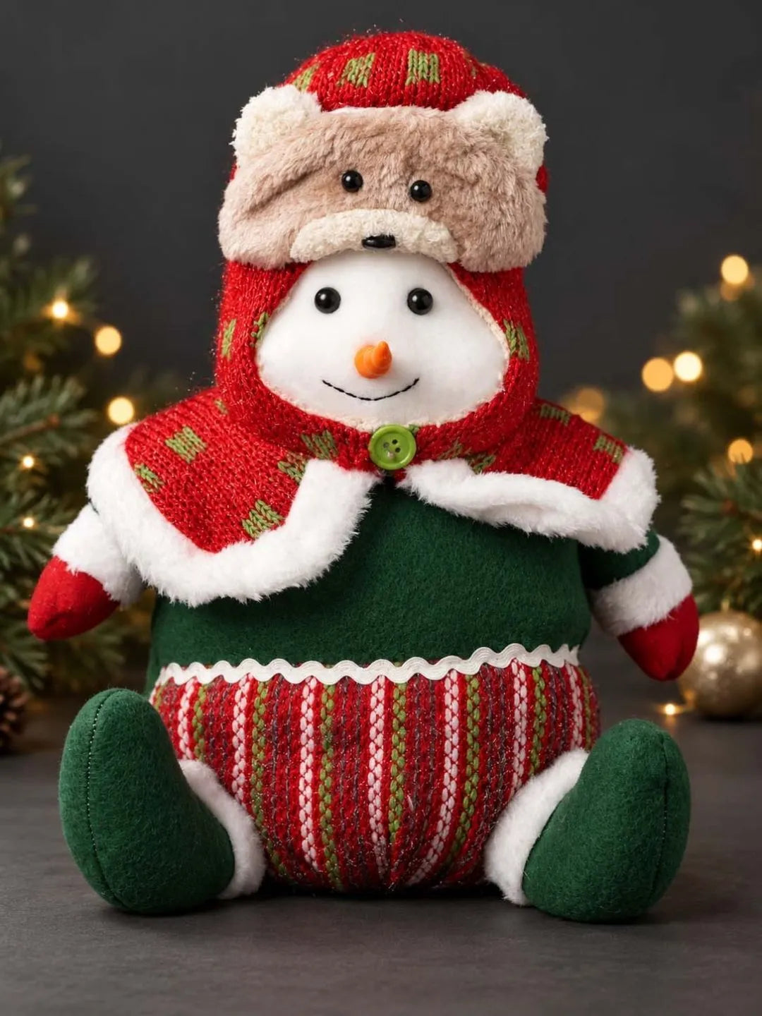 Extra cute Red & Green Snowman with Bear Hood Christmas Gift & Soft Toy
