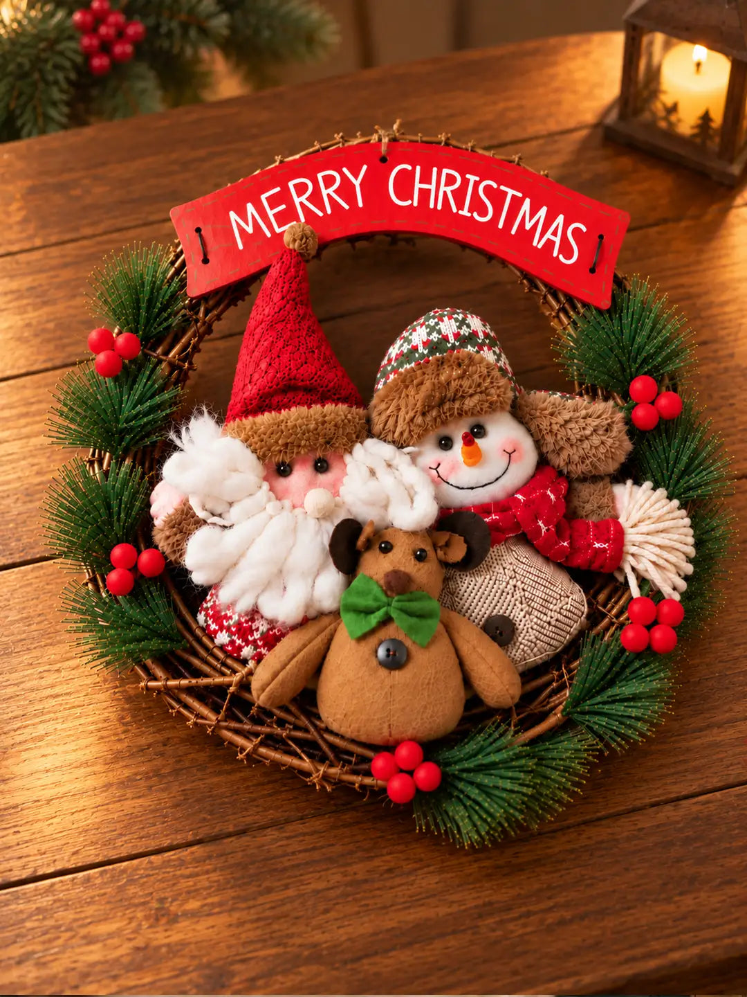 13 Inches Merry Christmas Snowman Family Rustic Wreath for Wall & Door hanging home Décor