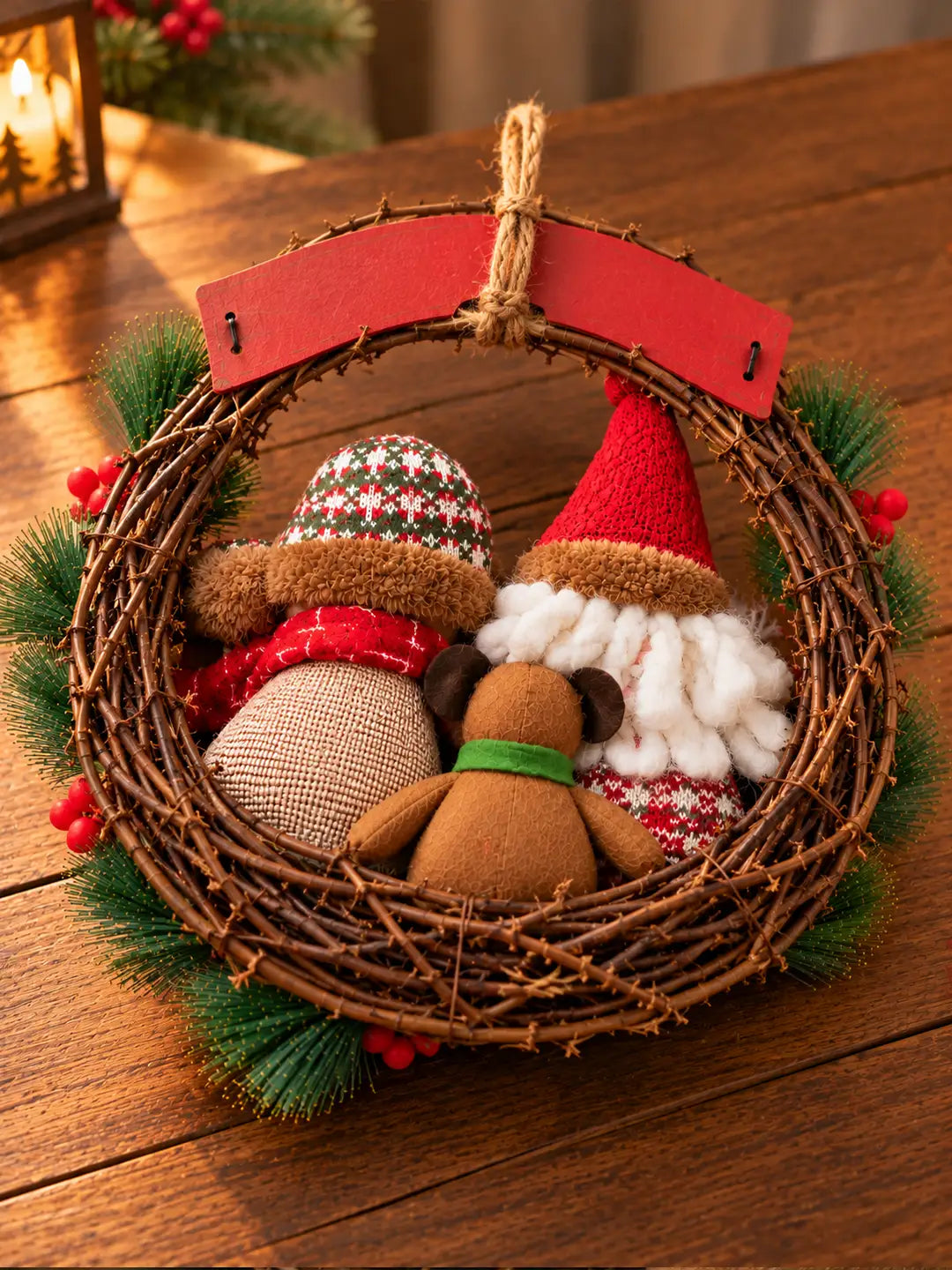 13 Inches Merry Christmas Snowman Family Rustic Wreath for Wall & Door hanging home Décor