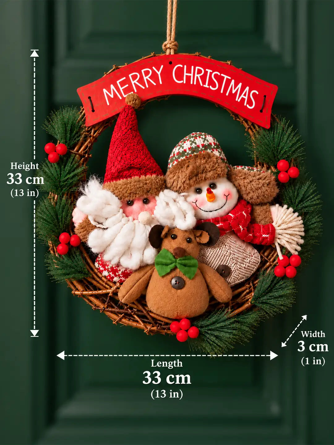 13 Inches Merry Christmas Snowman Family Rustic Wreath for Wall & Door hanging home Décor