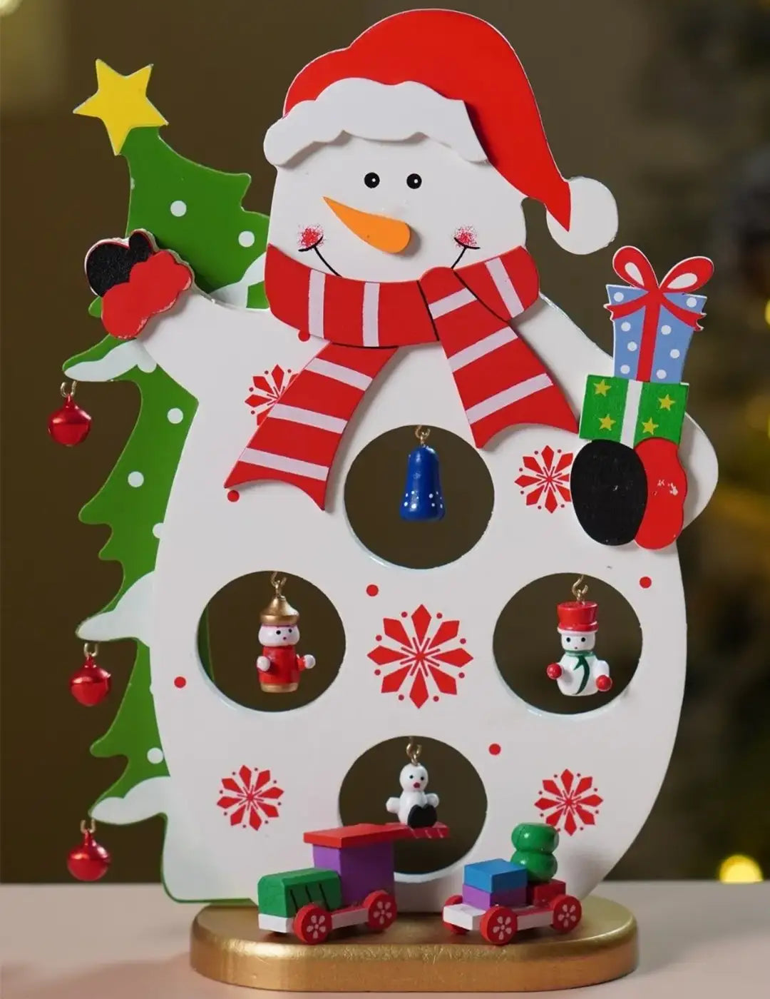 DIY Snowman Wooden Christmas figurine Table Décor with Hanging Miniatures & Toy Train, Xmas gifts for Kids