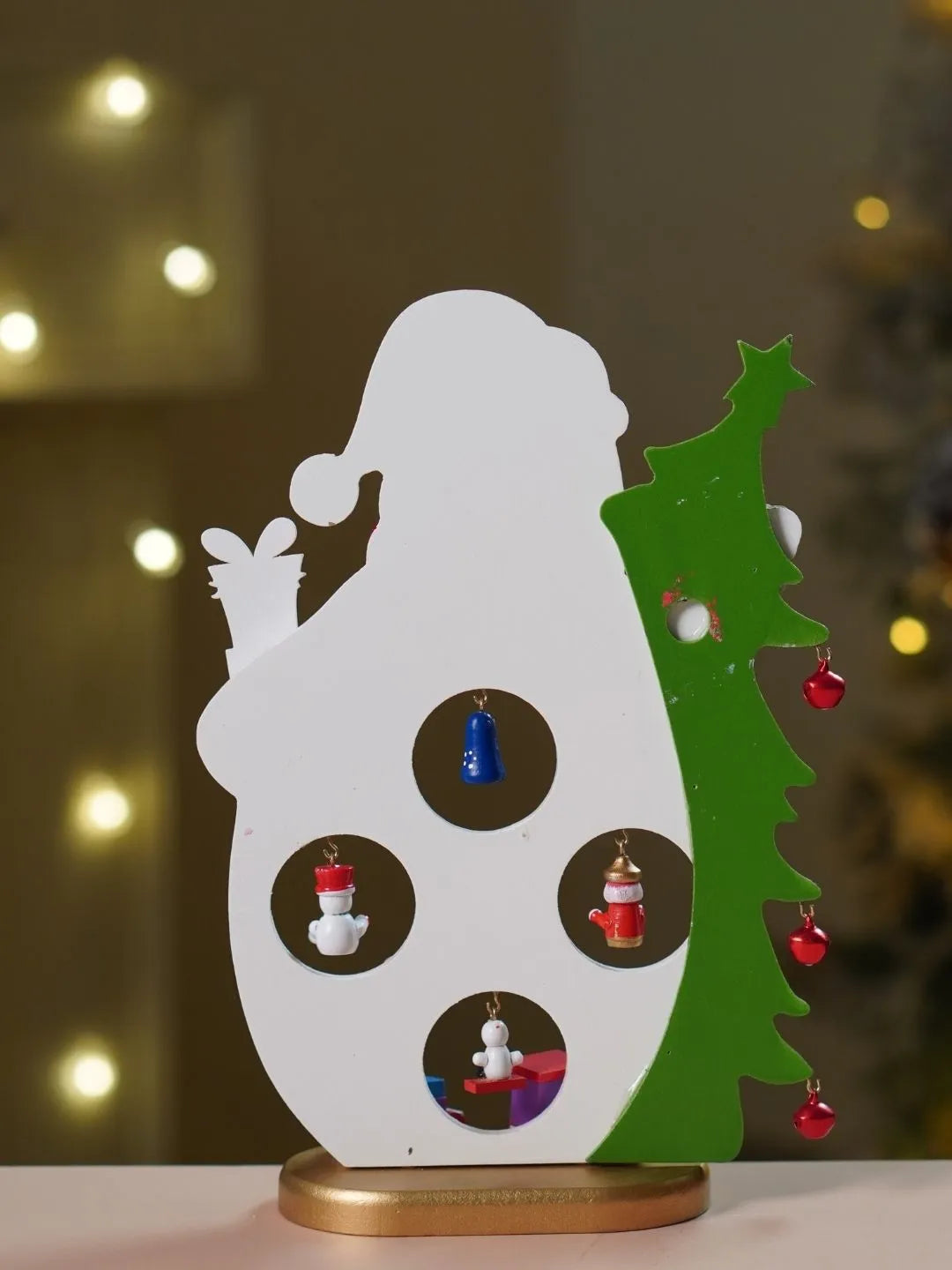 DIY Snowman Wooden Christmas figurine Table Décor with Hanging Miniatures & Toy Train, Xmas gifts for Kids