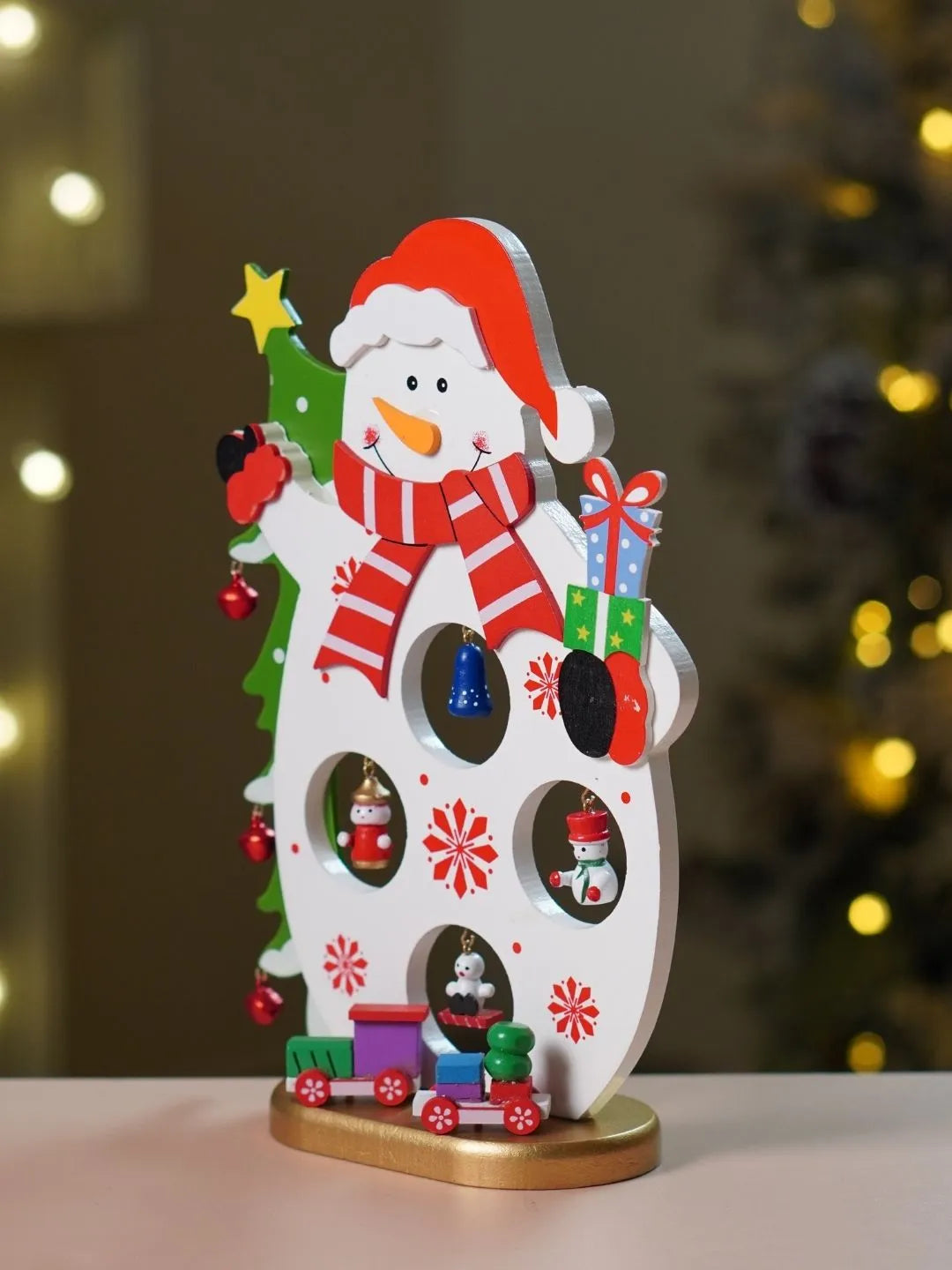 DIY Snowman Wooden Christmas figurine Table Décor with Hanging Miniatures & Toy Train, Xmas gifts for Kids