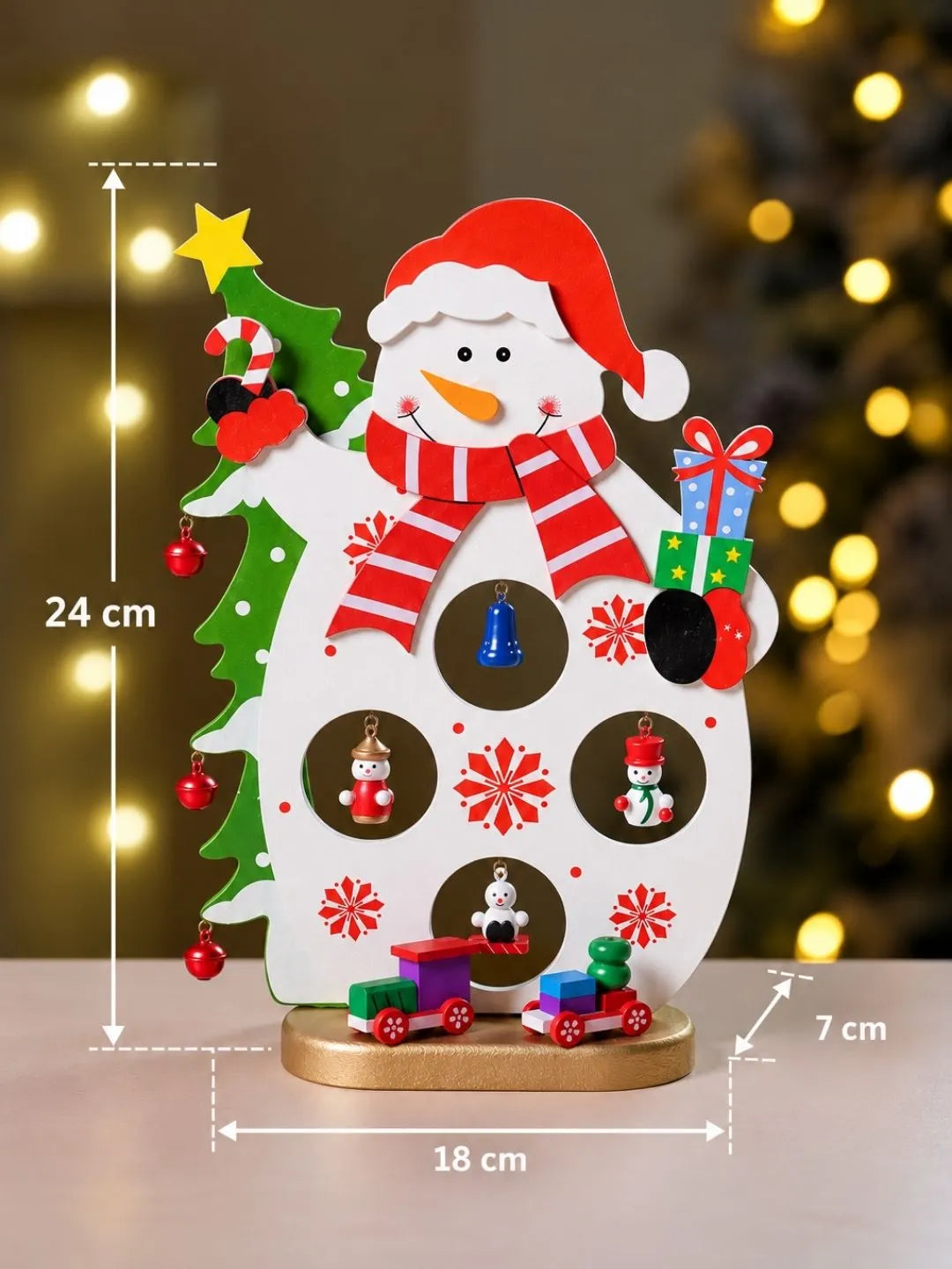 DIY Snowman Wooden Christmas figurine Table Décor with Hanging Miniatures & Toy Train, Xmas gifts for Kids